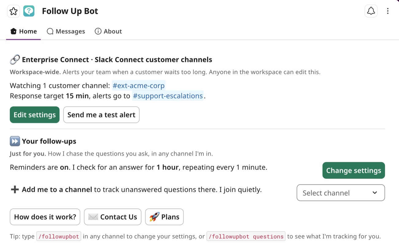 The Home tab: what is being watched, where alerts go, and a test-alert button
